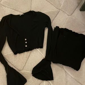 Free people black set; cropped top with buttons; flowy flared pants